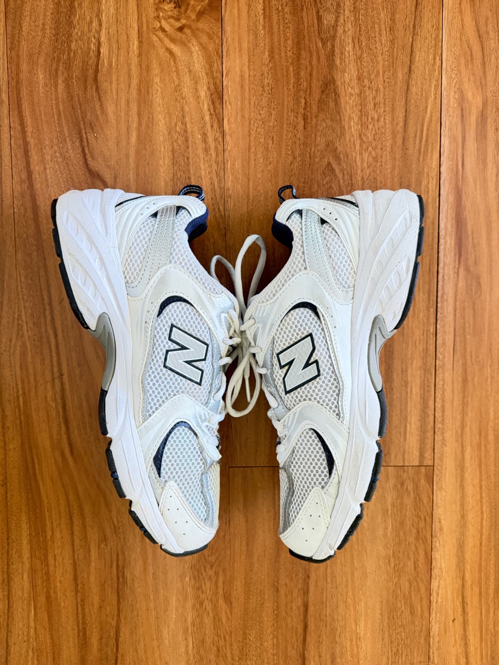 New Balance White and Navy Mesh Running Sneakers